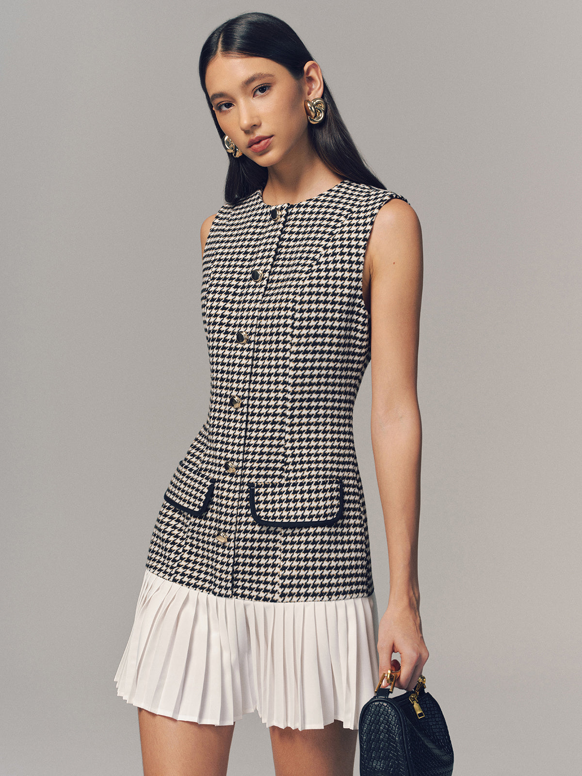 pleated hem mini dress Houndstooth sleeveless pleated hem mini dress - Khaki - XS