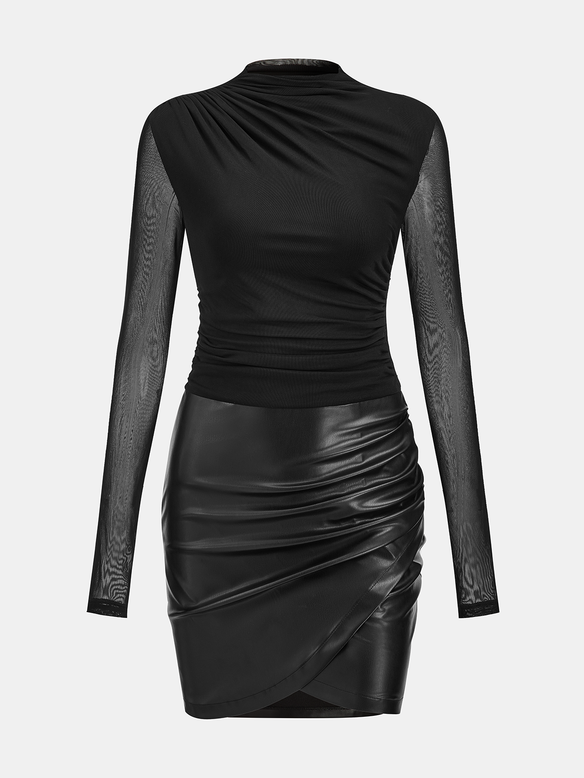 Mesh ruched panel faux leather mini dress - Black - M Mesh ruched panel faux leather mini dress - Black - M