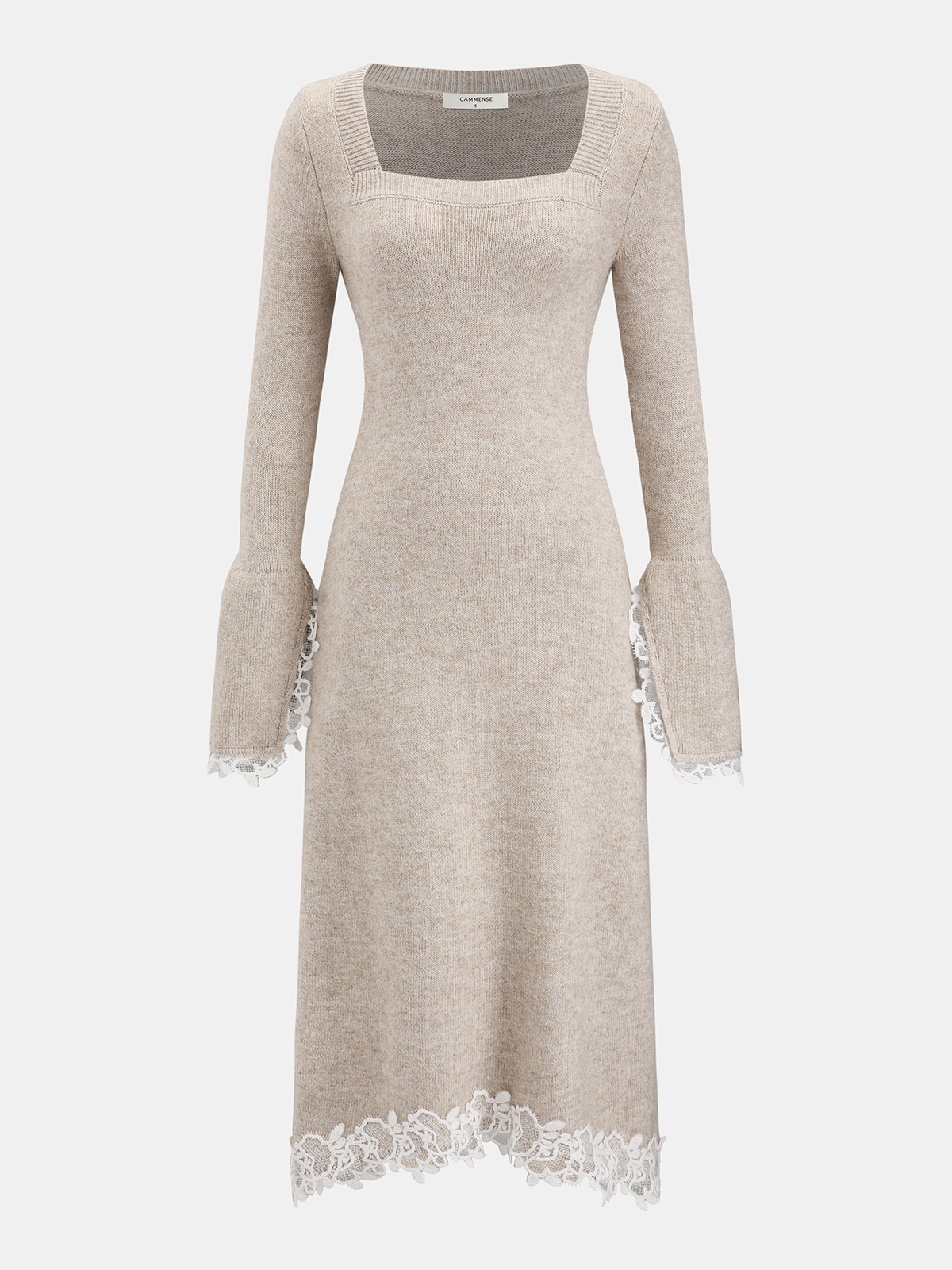 Wool-blend lace-trim square-neck dress - Khaki