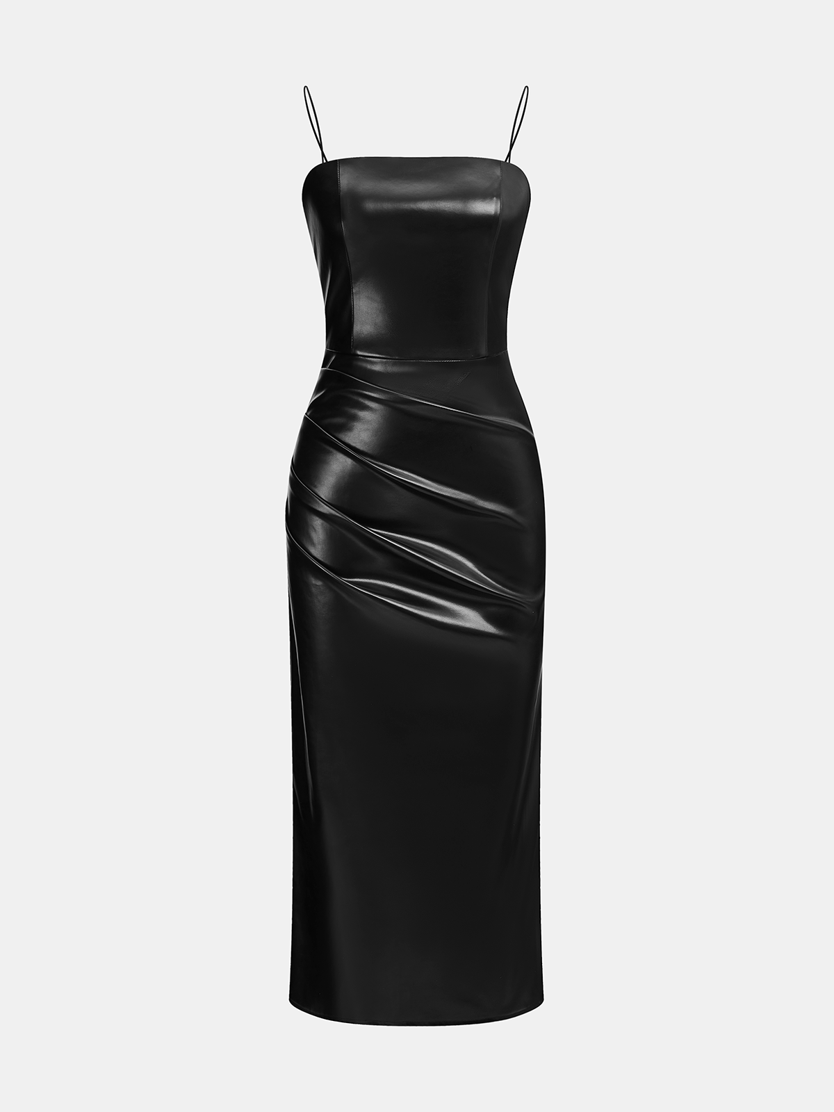 Faux leather ruched cami midi dress - Black