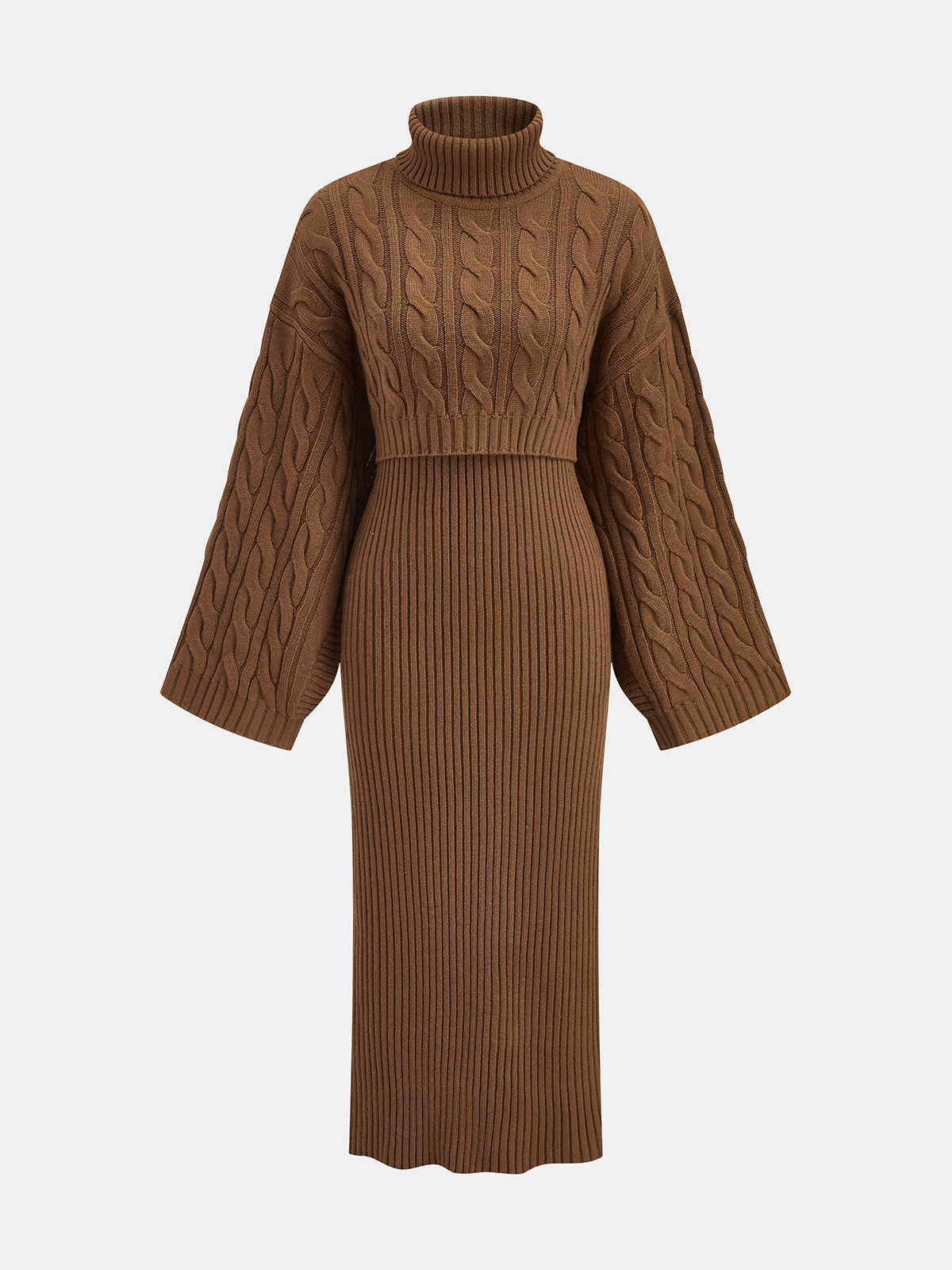 Cable-knit sweater & cami knit dress two-piece set - Dark Brown