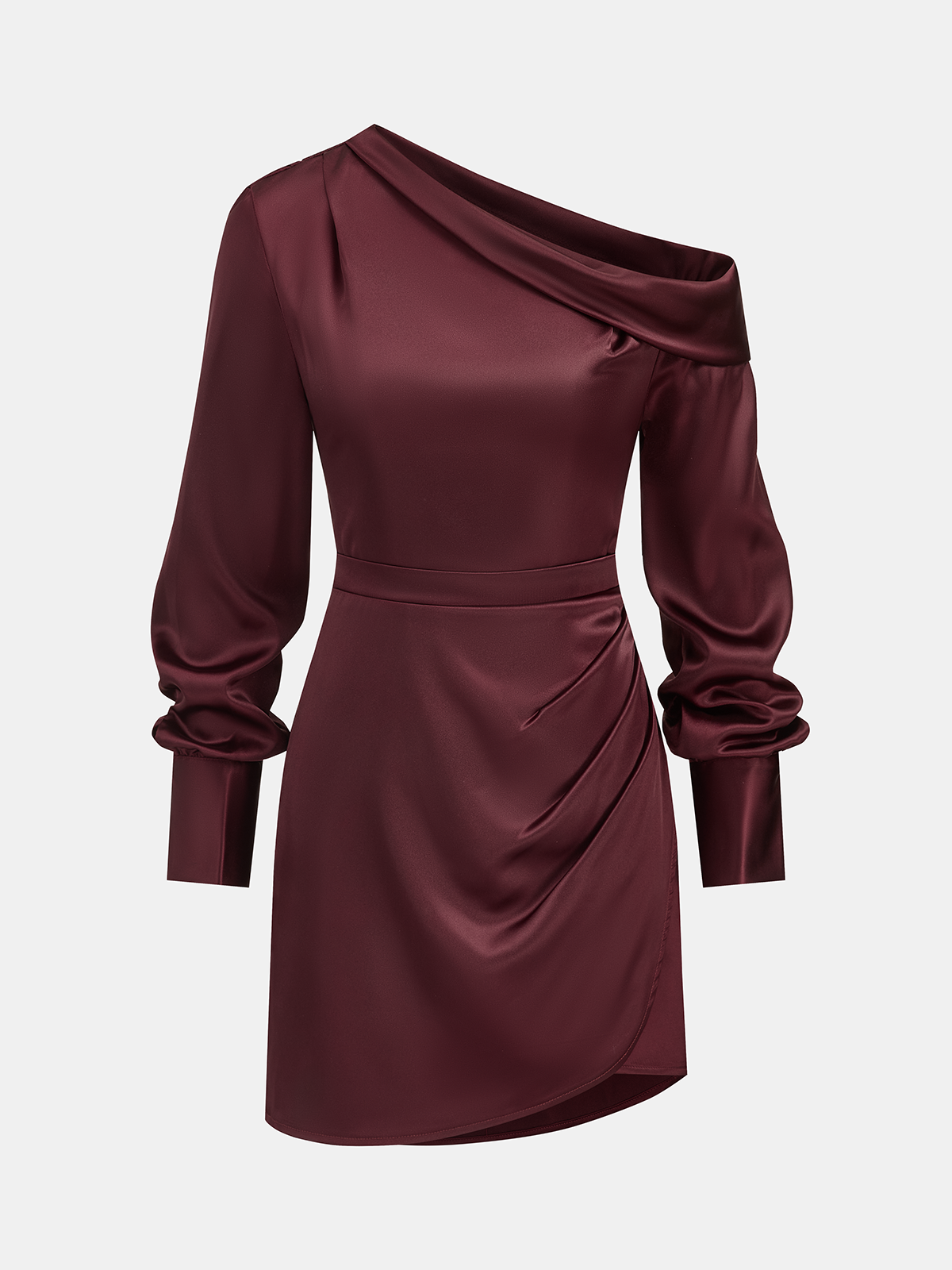 Satin Off-Shoulder Long Sleeve Ruched Dress | COMMENSE