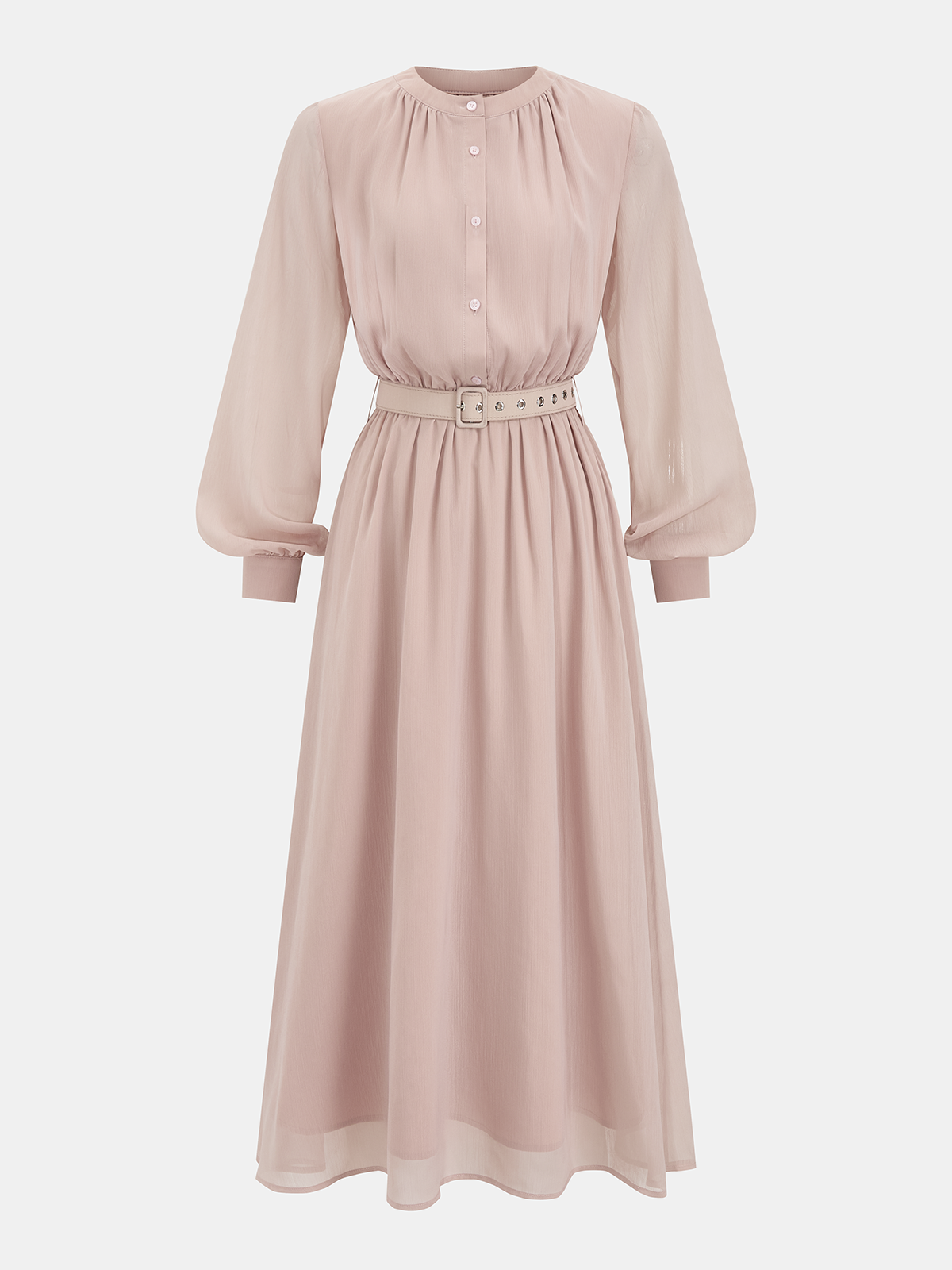 Lantern Sleeve Belted Chiffon Maxi Dress