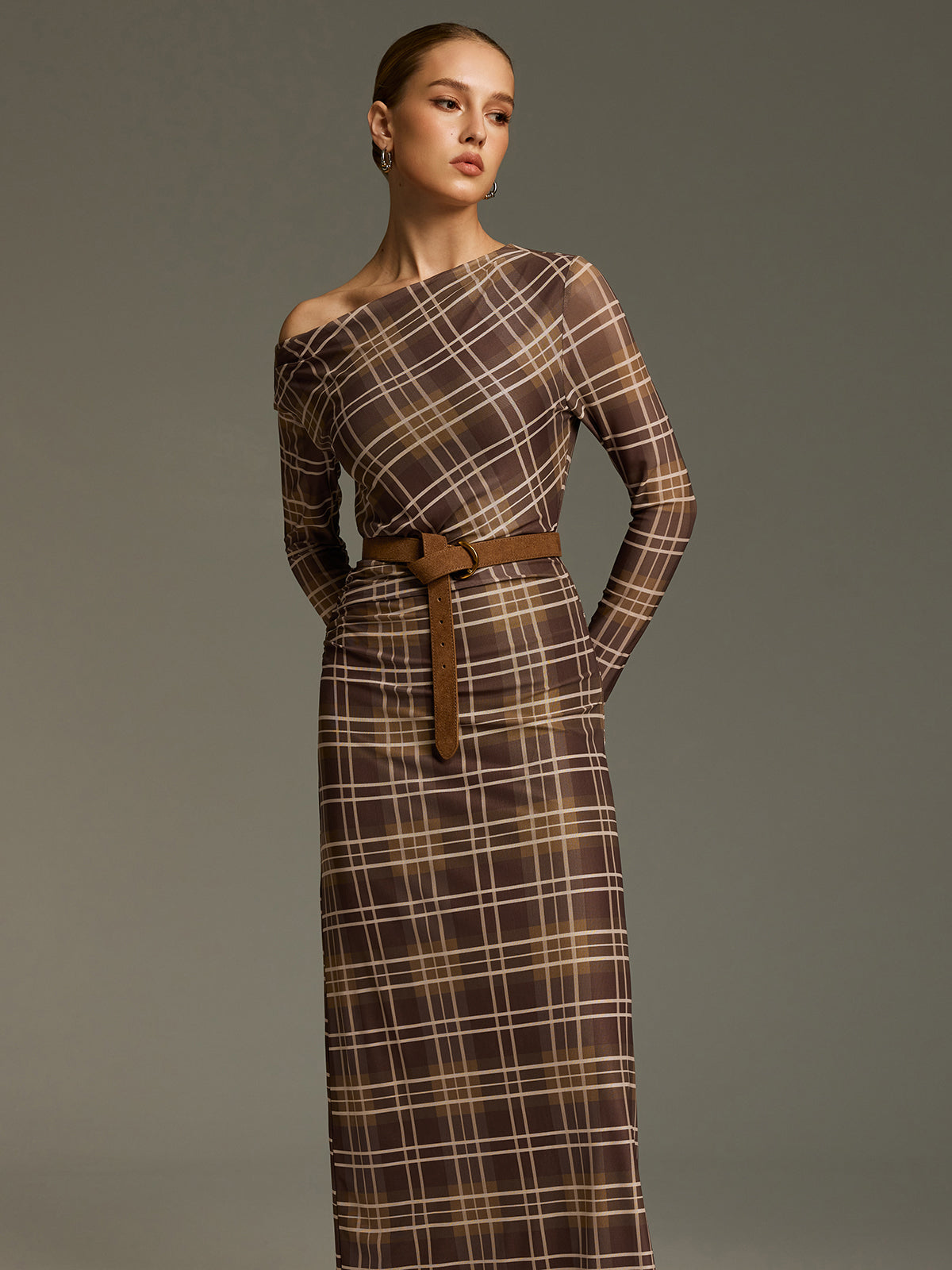 plaid mesh dress Plaid Mesh Off-Shoulder Maxi Dress without Belt