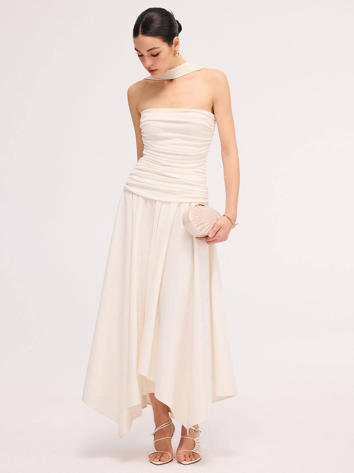 Asymmetrical Hem Ruched Halter Midi Dress | COMMENSE