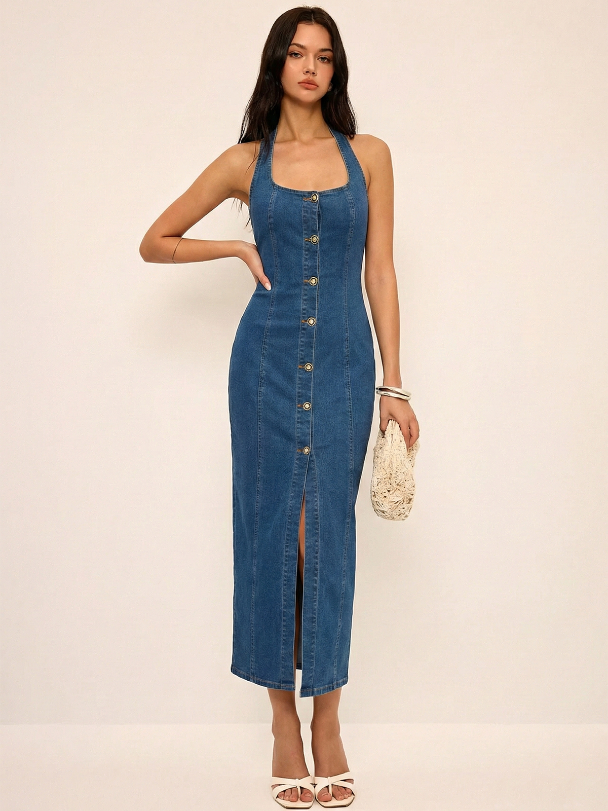 Denim halter button front maxi dress - Blue