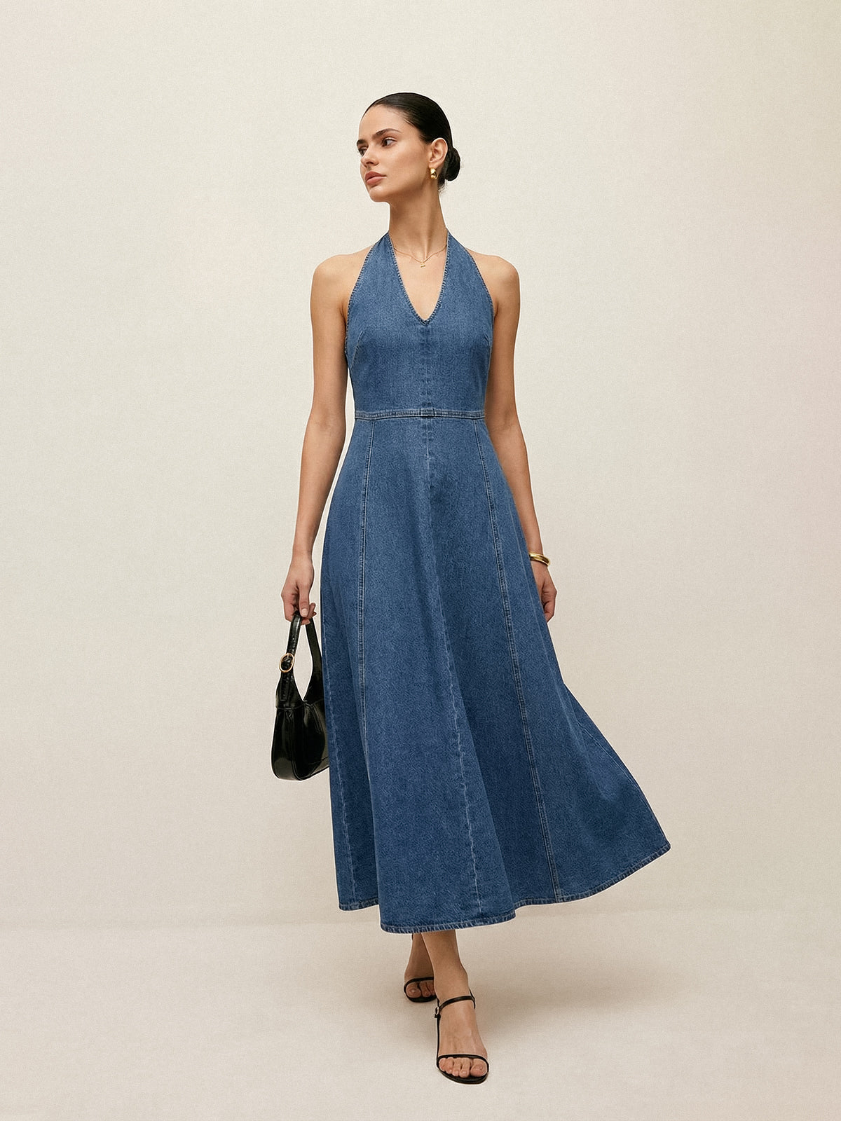 Halter Backless Denim Midi Dress