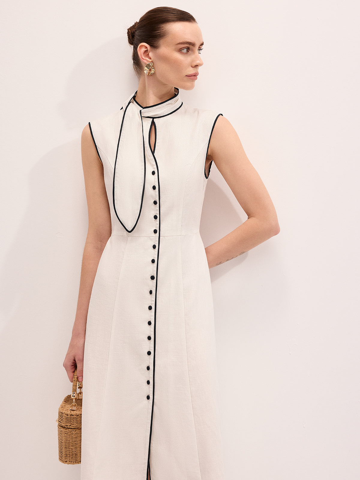 white dress with black piping Linen Blend Contrast Piping Tie Neck Maxi Dress