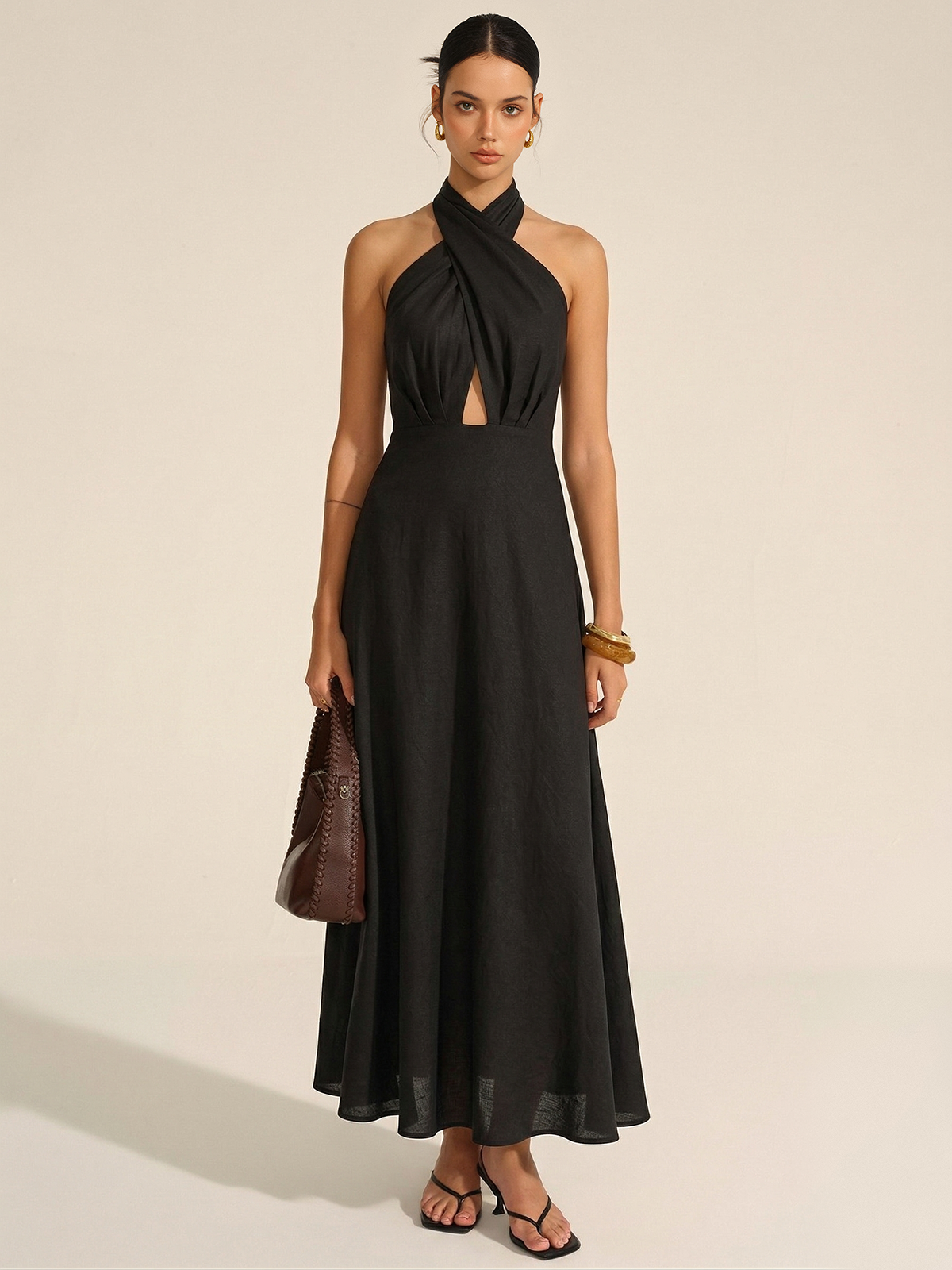 Cotton linen halter neck cut-out maxi dress - Green - L