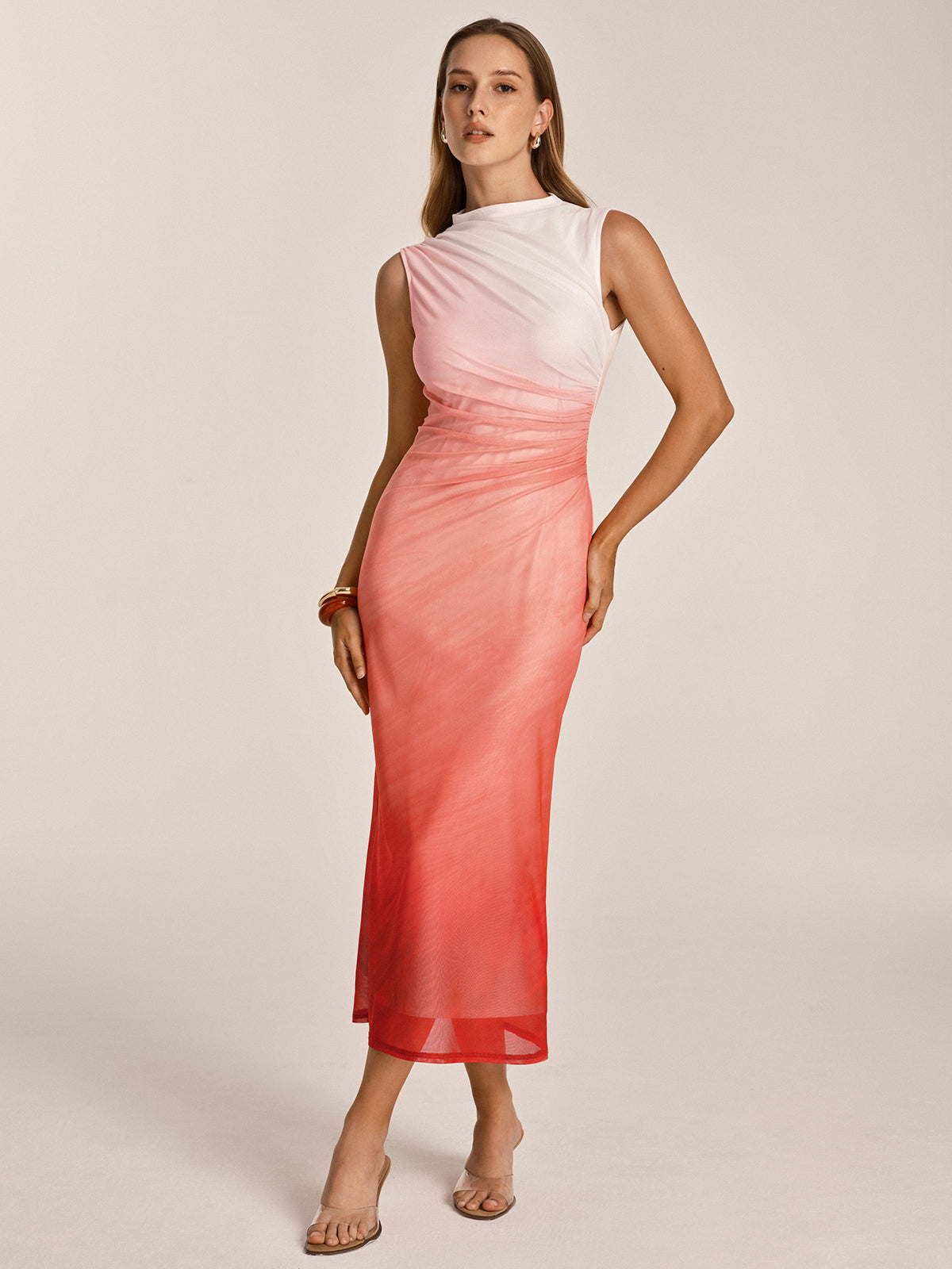 ruched mesh bodycon midi dress Gradient Ruched Mesh Bodycon Midi Dress