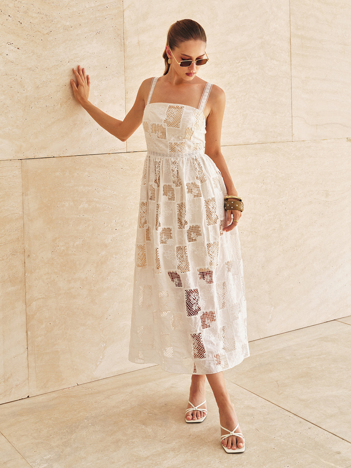 cotton embroidered maxi dress Cotton patchwork lace embroidered maxi dress - White - S