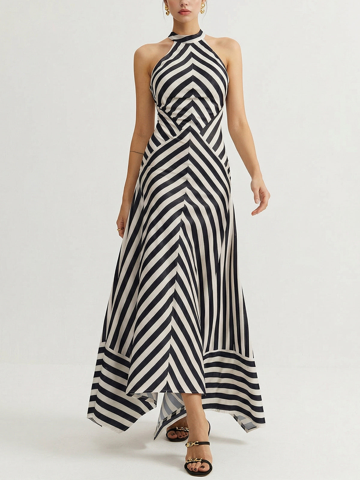 striped backless maxi dress Stripe Backless Maxi Dress Summer Vacation Sleeveless Gown For Women, L / Grey