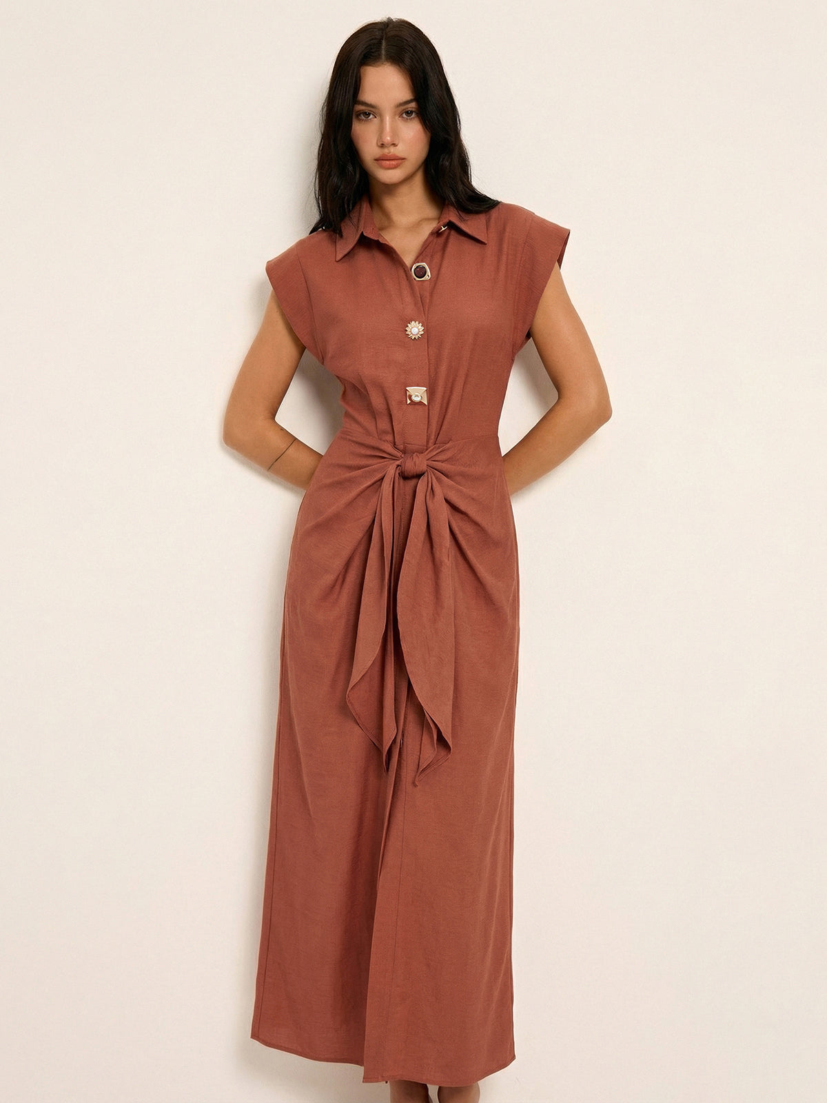 Tie Waist Collared Sleeveless Maxi Dress | COMMENSE
