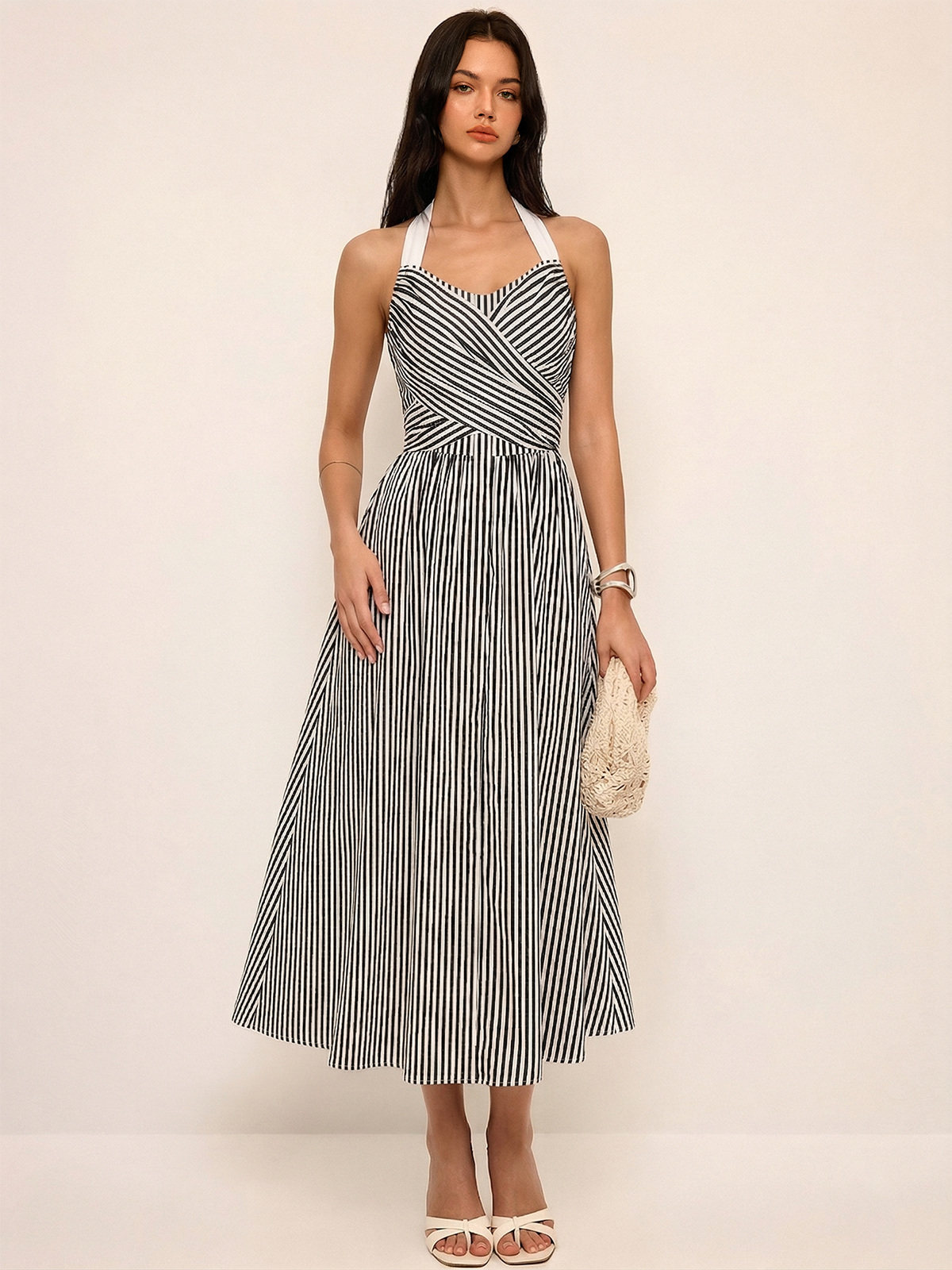 Cotton Striped Halter Maxi Dress