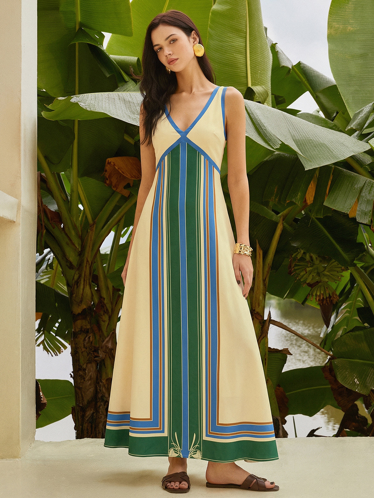 geometric print maxi dress Geometric Print V-Neck Sleeveless Maxi Dress