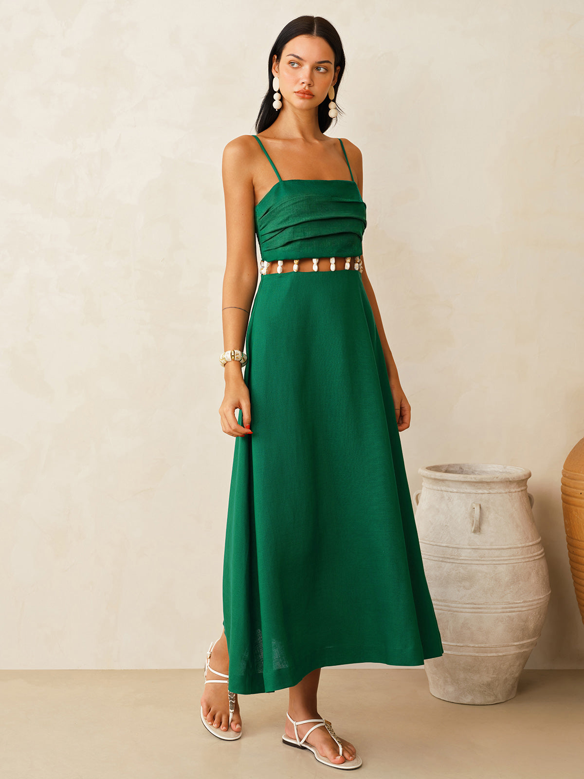Linen-Blend Cutout Waist Cami Midi Dress | COMMENSE Linen-Blend Cutout Waist Cami Midi Dress | COMMENSE