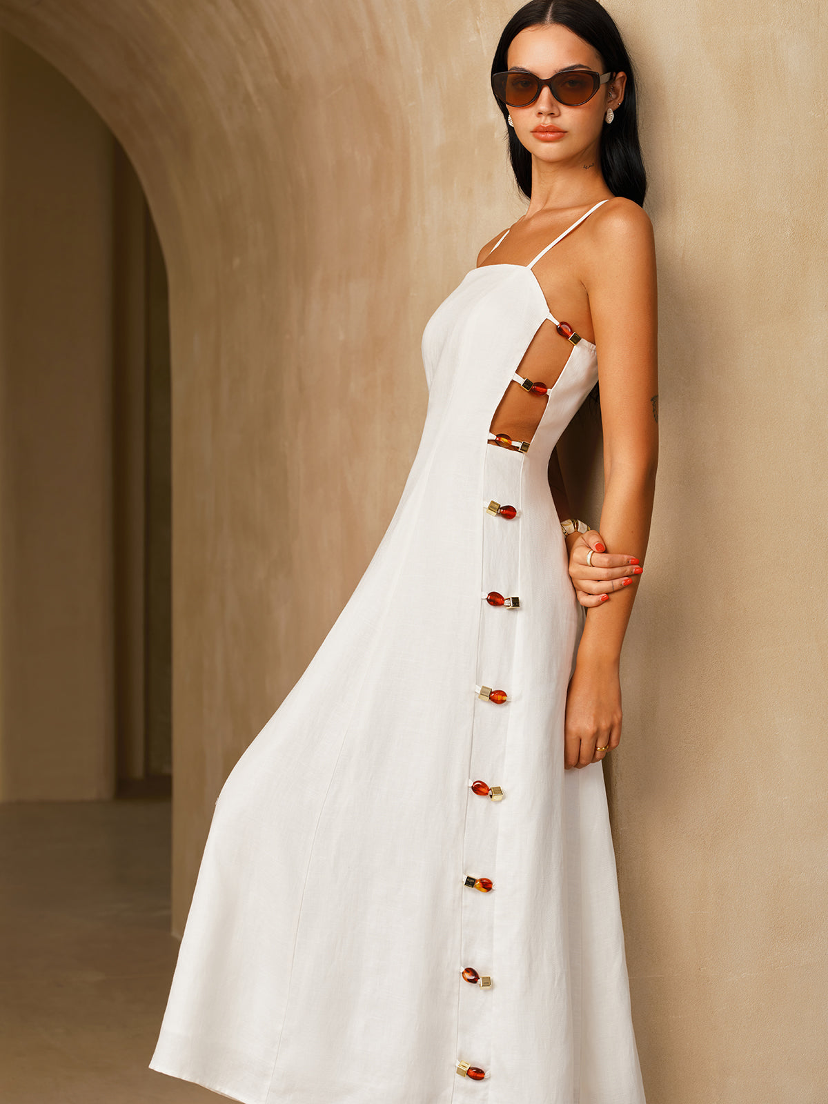 Linen-blend amber detail cami midi dress - White - S