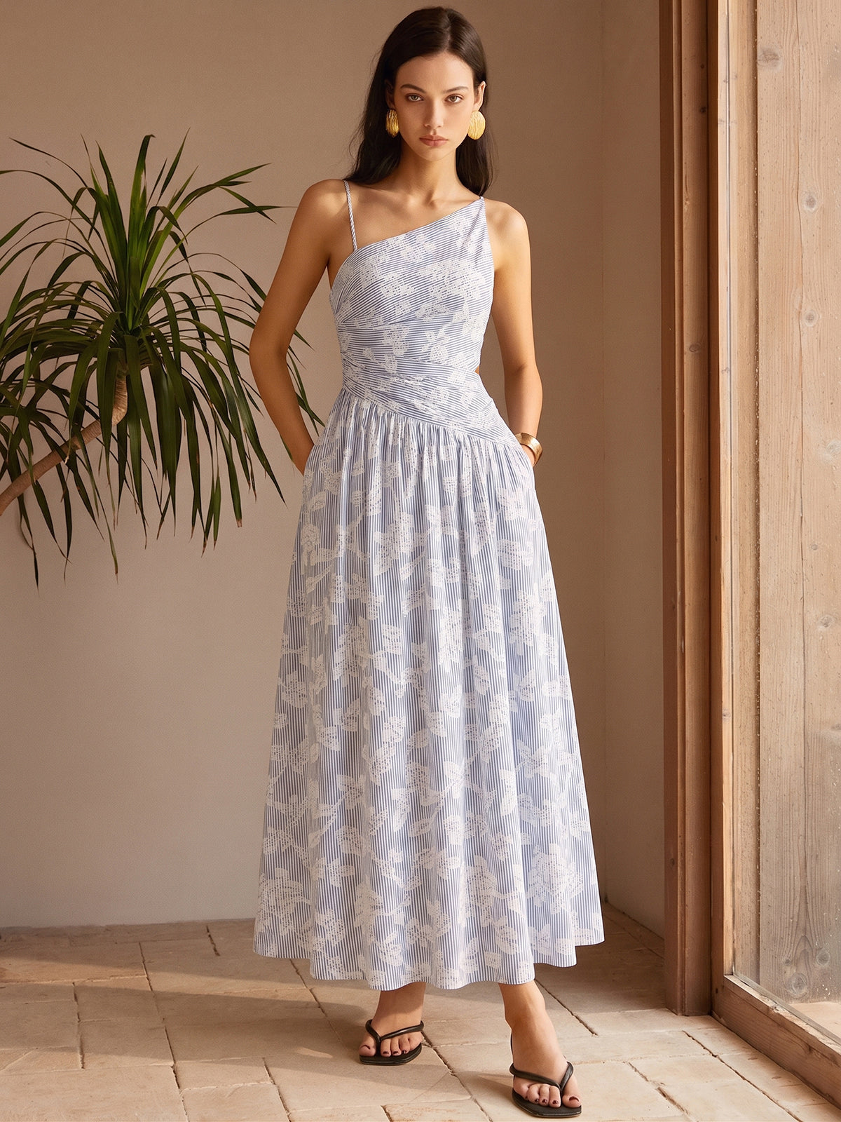 blue dress for baby girl Asymmetric Striped Floral Embroidery Maxi Dress