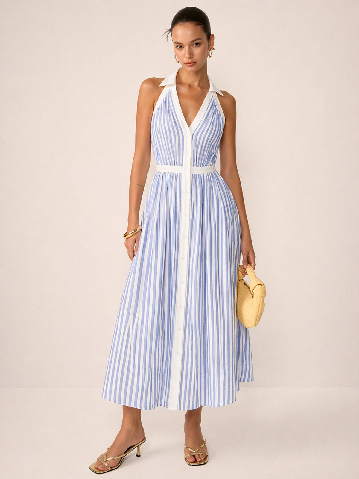 Striped cotton blend collared halter midi dress - Blue - S