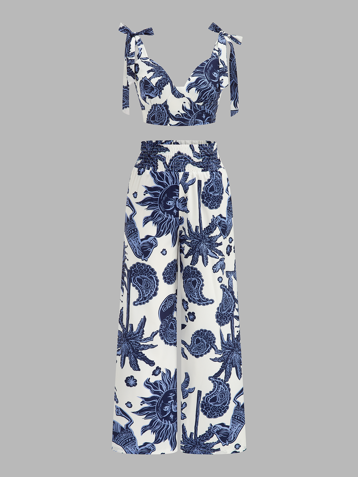 Printed Tie-Shoulder Top & Elastic Waist Pants Set | COMMENSE
