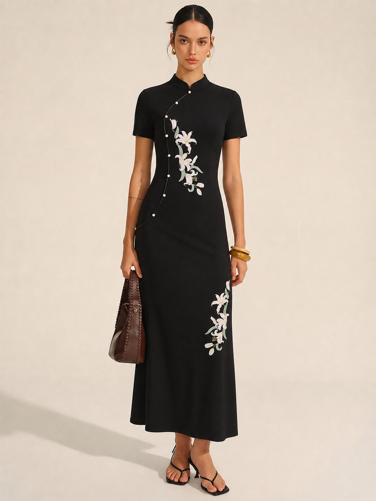 cheongsam maxi dress Pink Green Embroidered Modern Qi Pao Cheongsam Maxi Dress