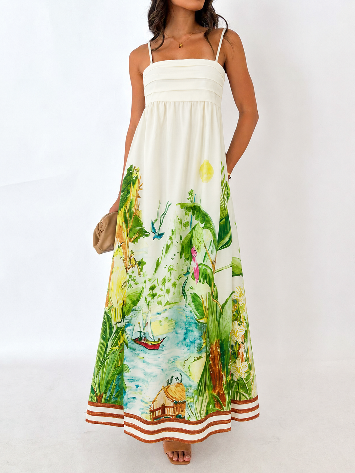 Linen Blend Printed Cami Maxi Dress