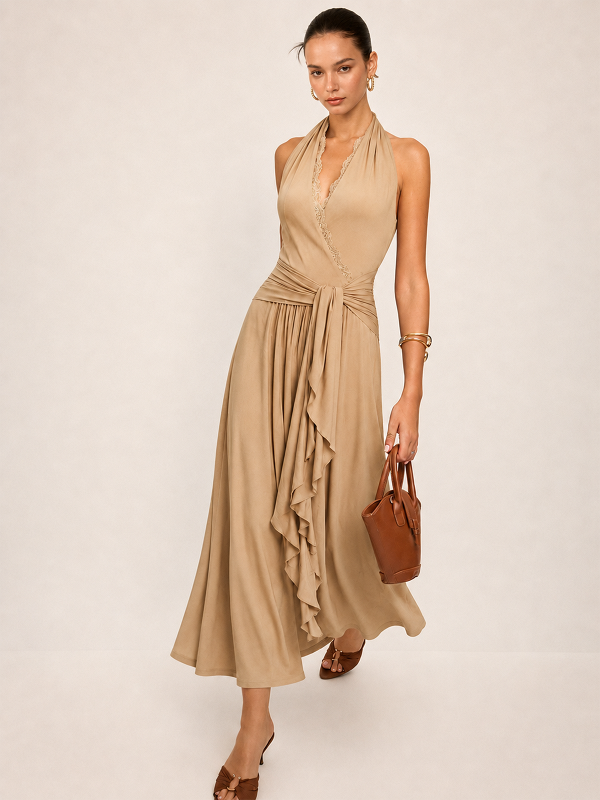 Lace Trim Halter Wrap Maxi Dress Lace Trim Halter Wrap Maxi Dress