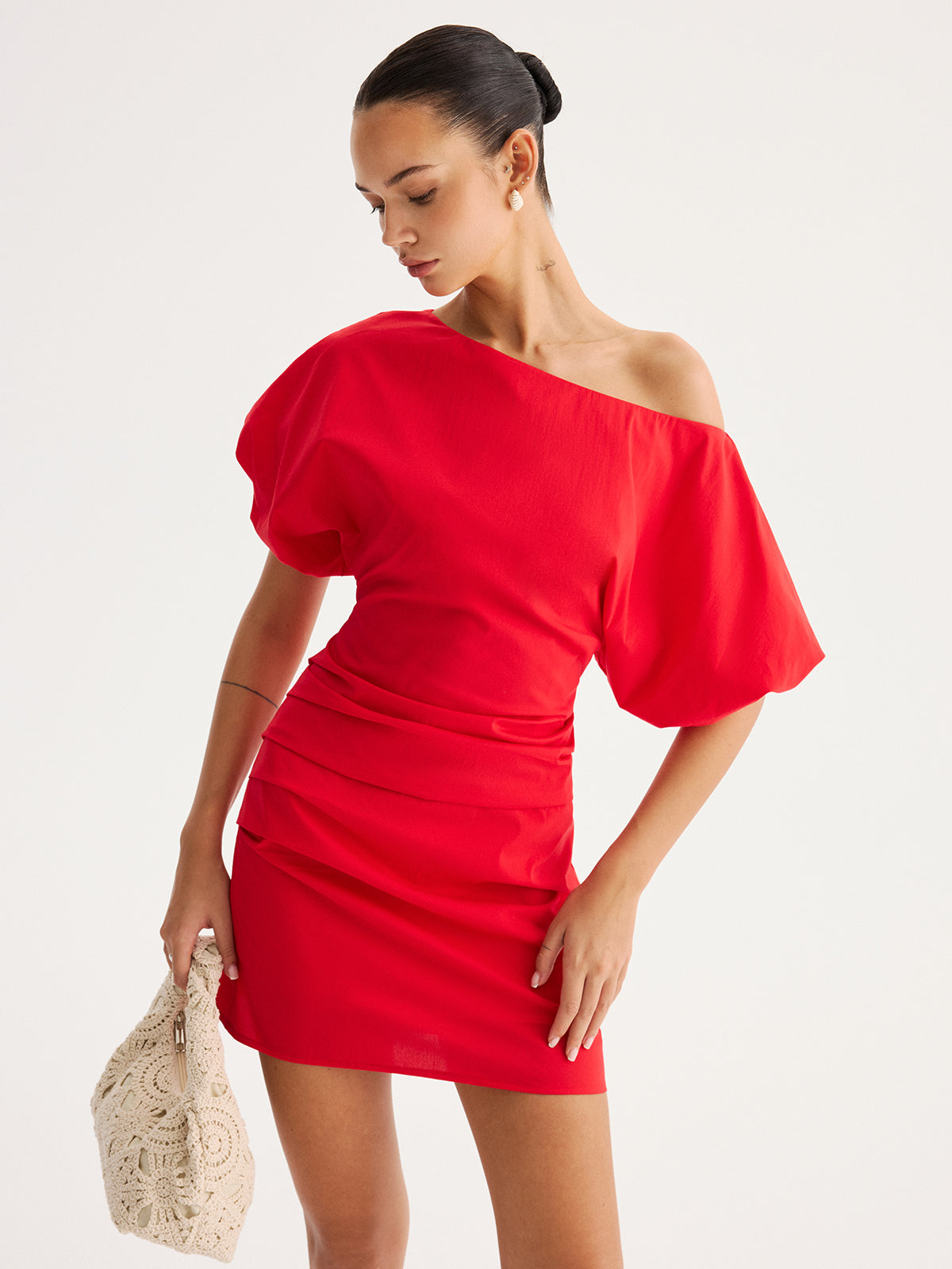 red off shoulder puff sleeve dress Off Shoulder Puff Sleeve Ruched Mini Dress