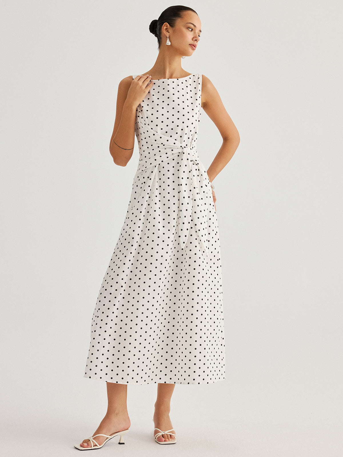 Polka dot tie waist cotton linen maxi dress - White
