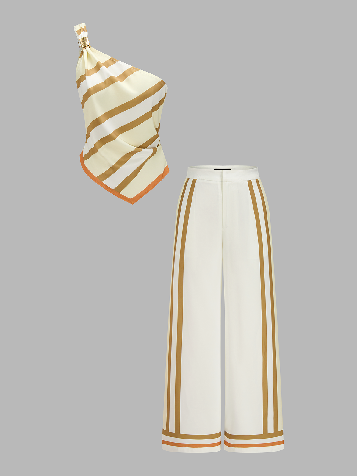Striped One Shoulder Satin Top & Pants Set | COMMENSE