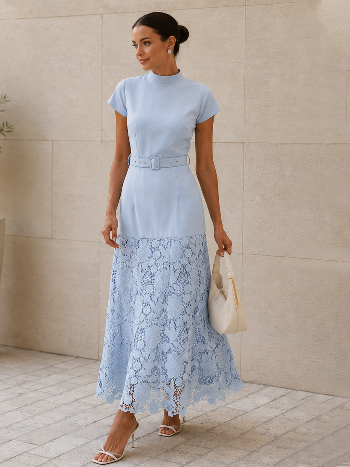 Belted short sleeve lace hem midi dress - Aqua - XL