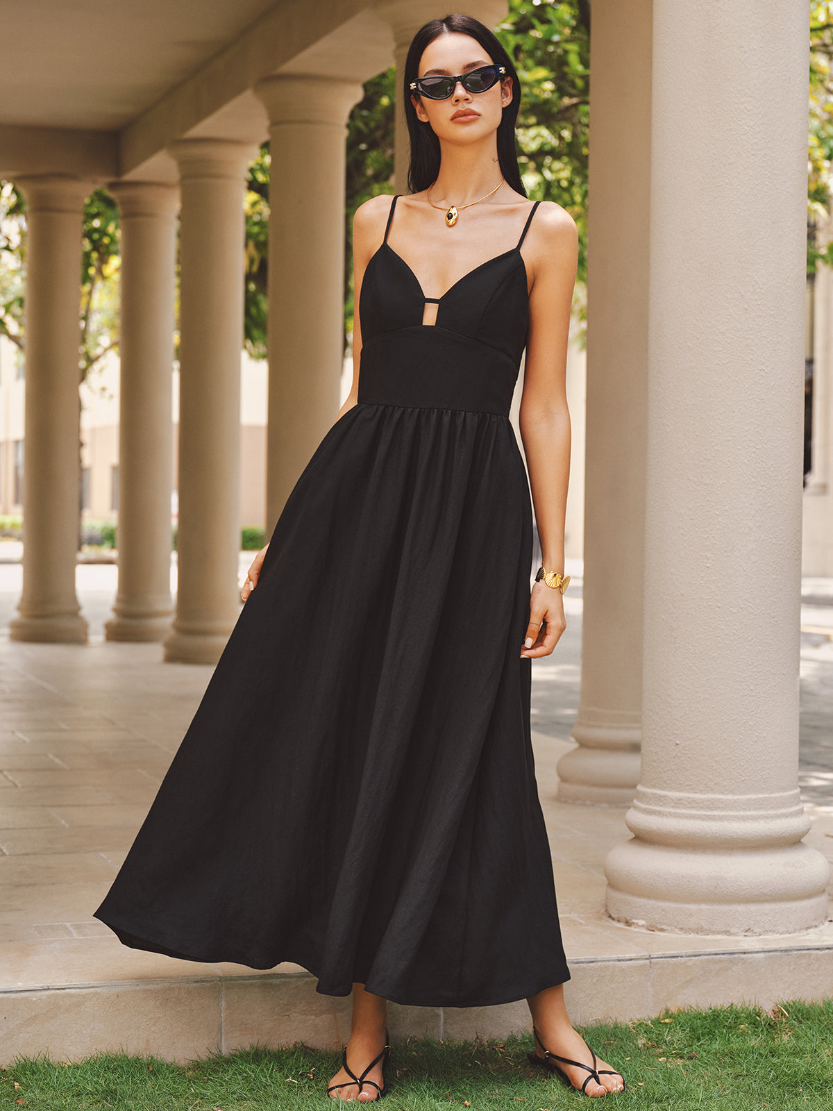 Keyhole bustier cotton linen cami maxi dress - Black - M