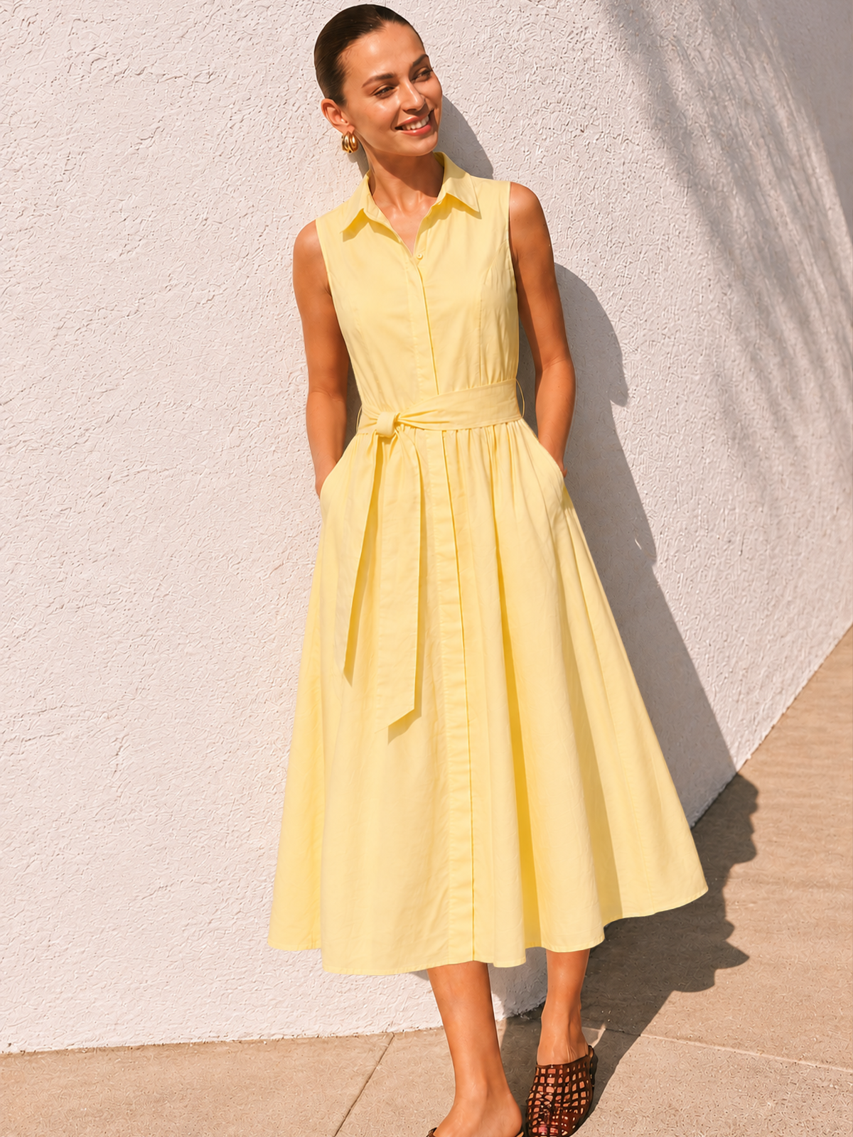 sleeveless belted shirt dress Sleeveless Belted White Shirt Dress With Buttons