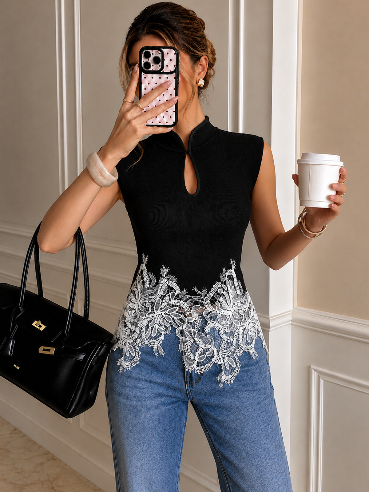 Commense Keyhole Neck Lace Hem Tank Top