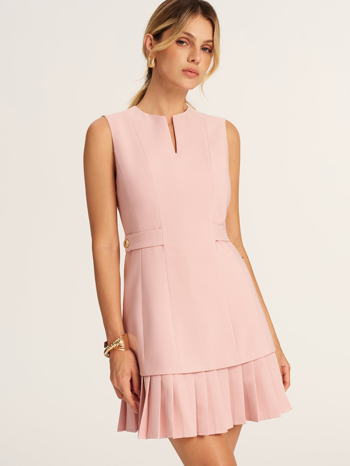 tailored notch neck pleated mini dress Pleated Hem Notch Neck Tailored Mini Dress