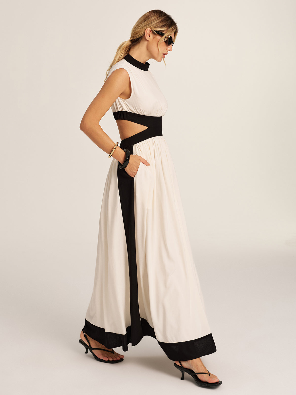 Color Block Cutout Pocketed Maxi Dress | COMMENSE