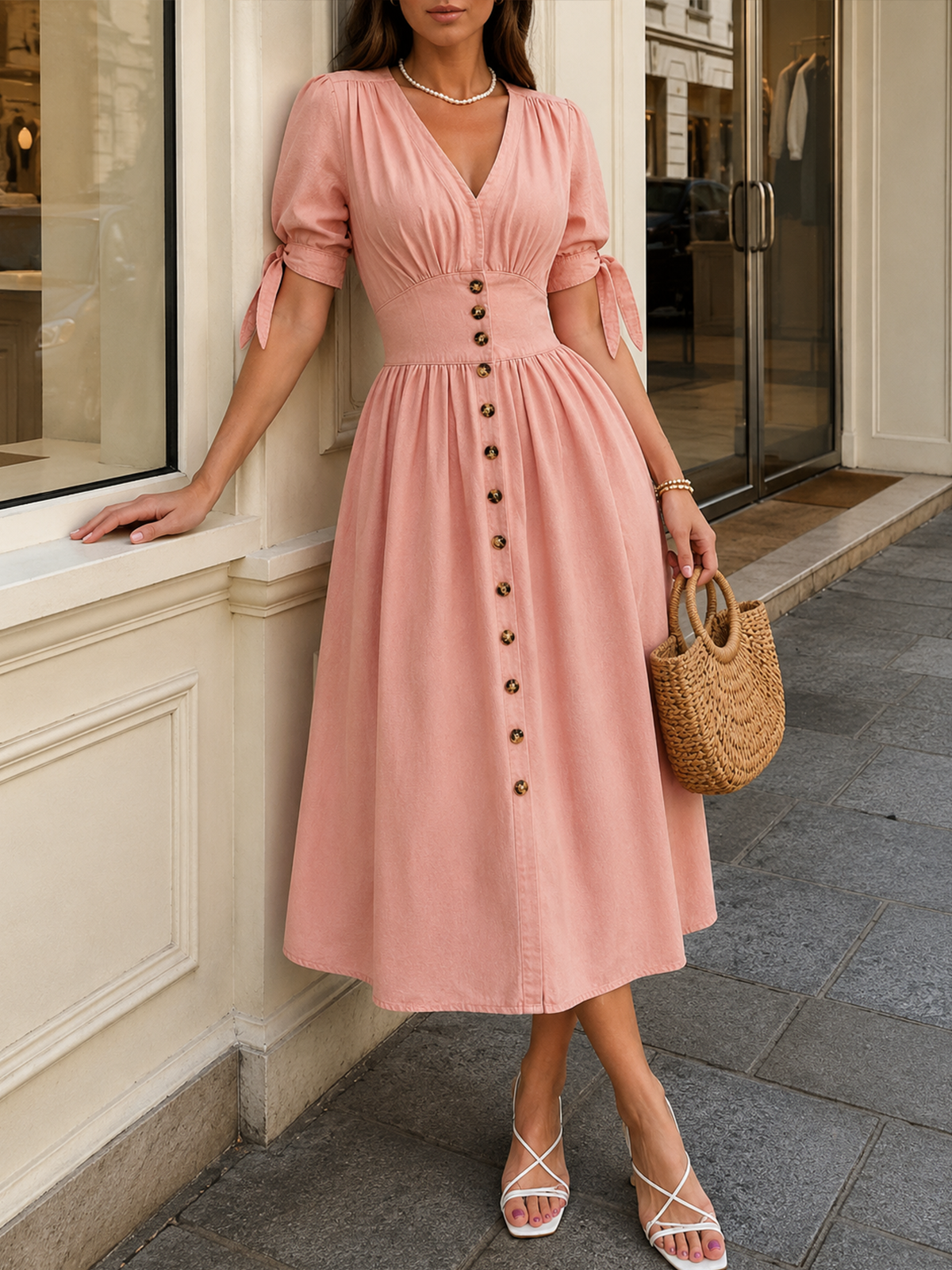 button up front midi dress Tie Sleeve Denim Button-Front Midi Dress