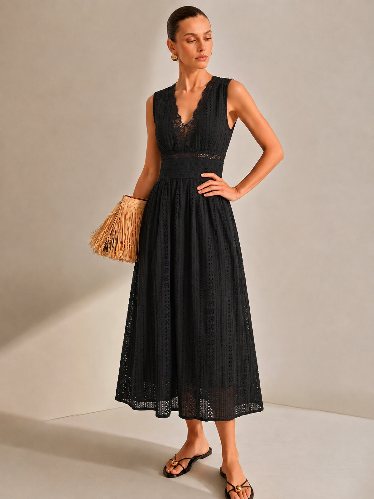 black eyelet maxi dress Lace Trim V-Neck Eyelet Maxi Dress