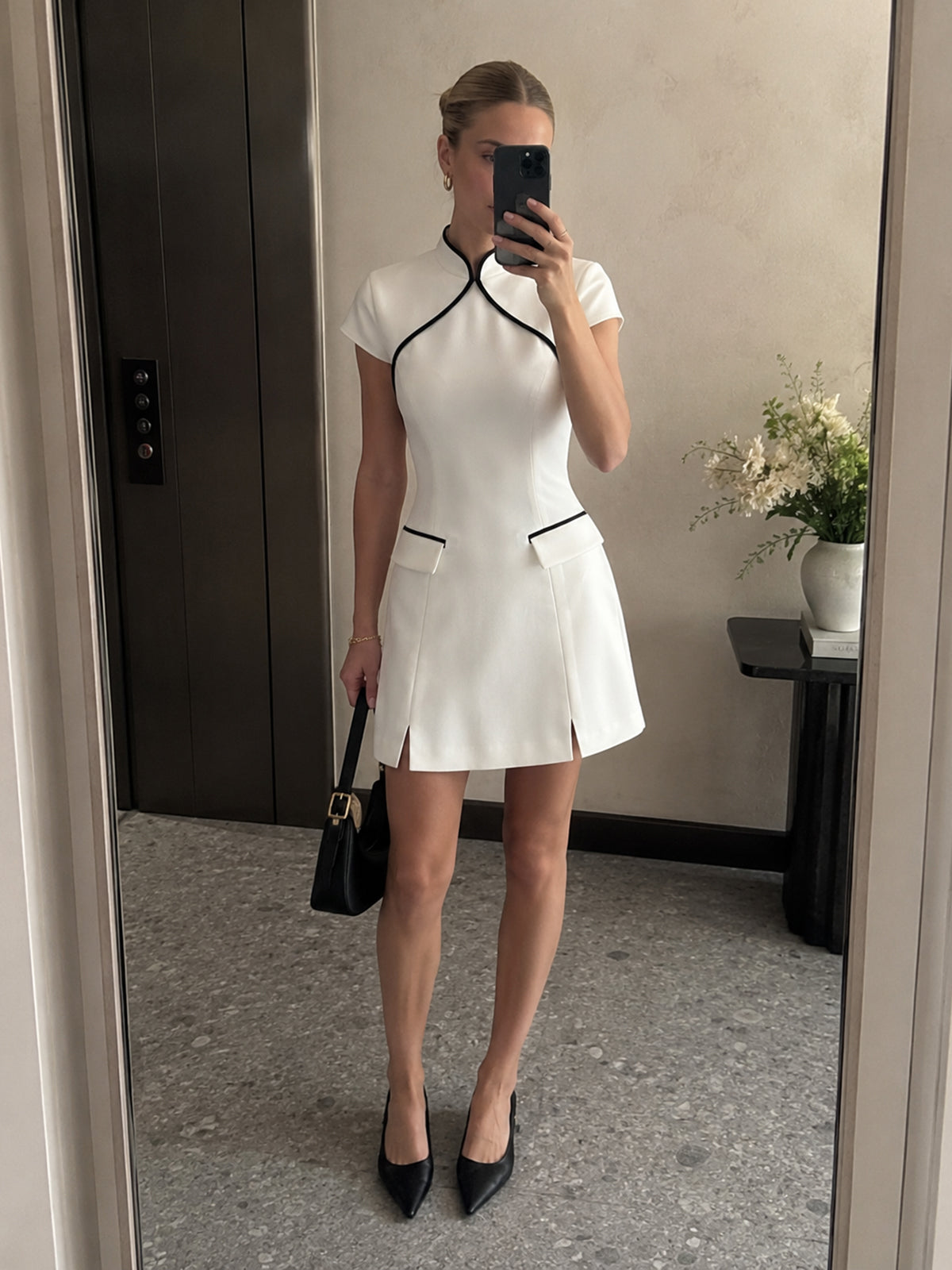 mandarin collar mini dress Astro Mandarin Collar Mesh Mini Dress White