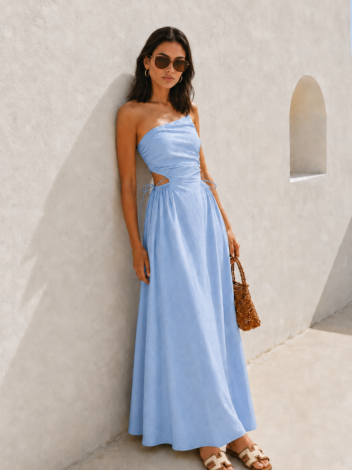 Cutout tie-side cotton linen midi dress - Aqua
