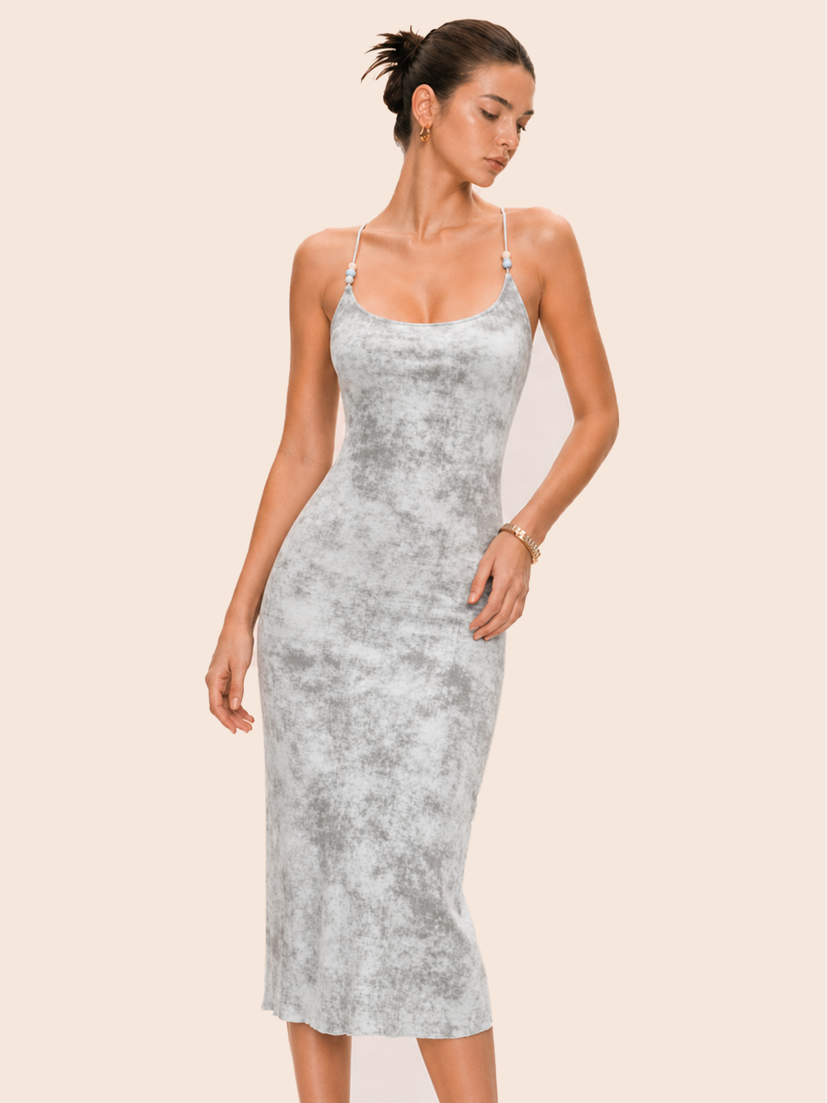 tie dye bodycon midi dress Beaded Strap Tie Dye Bodycon Midi Dress