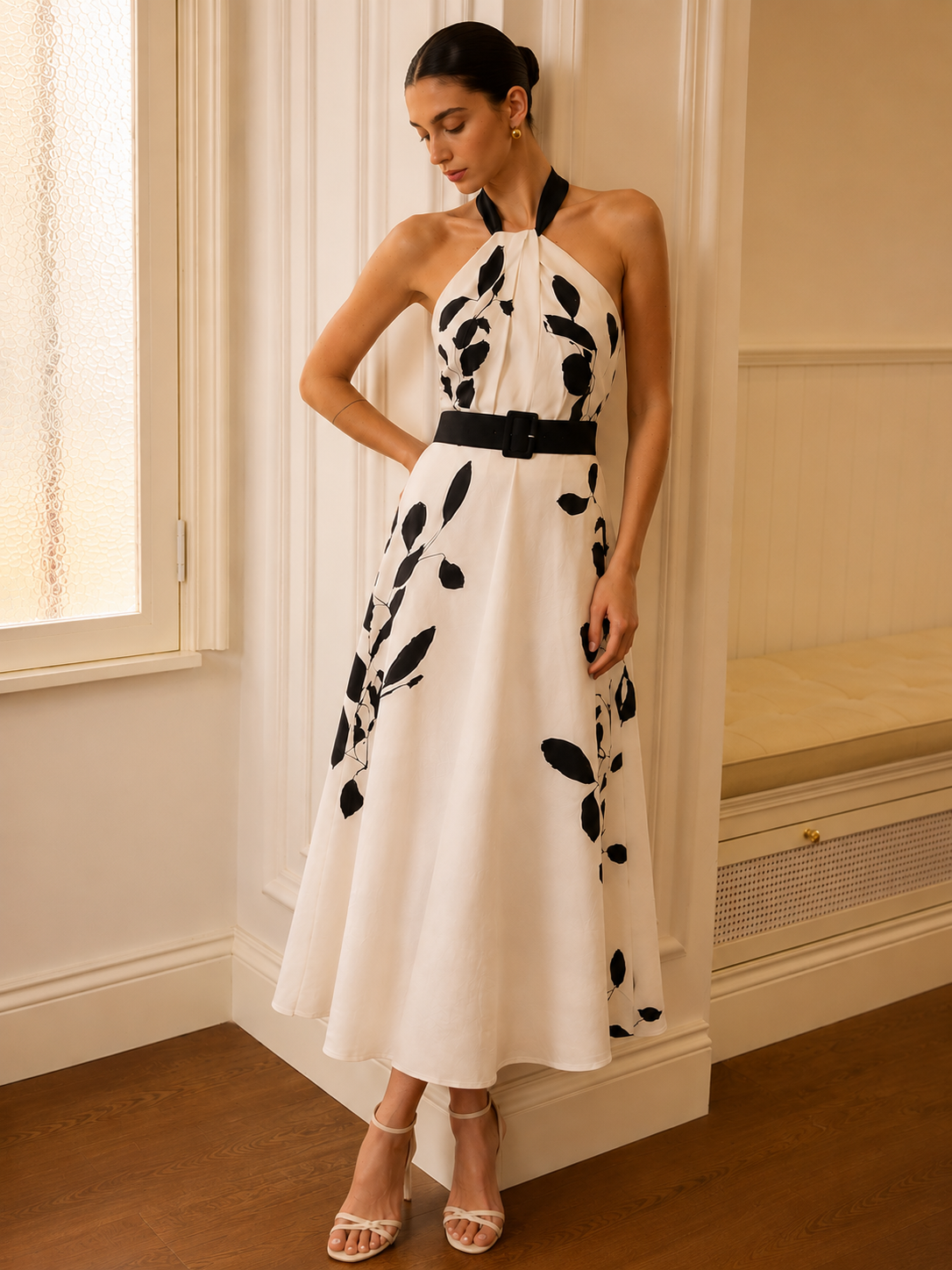 belted halter dress Belted Halter Leaf Print Midi Dress