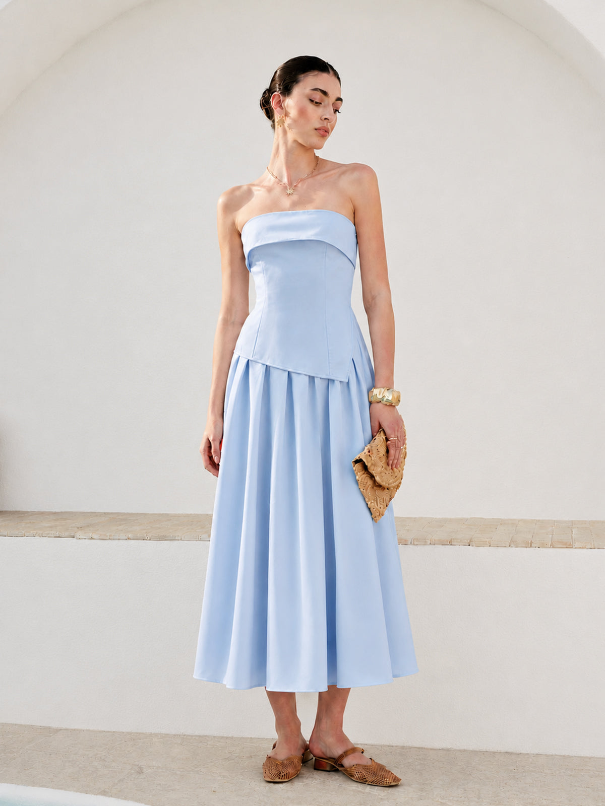 Fold Over Strapless Pleated Midi Dress