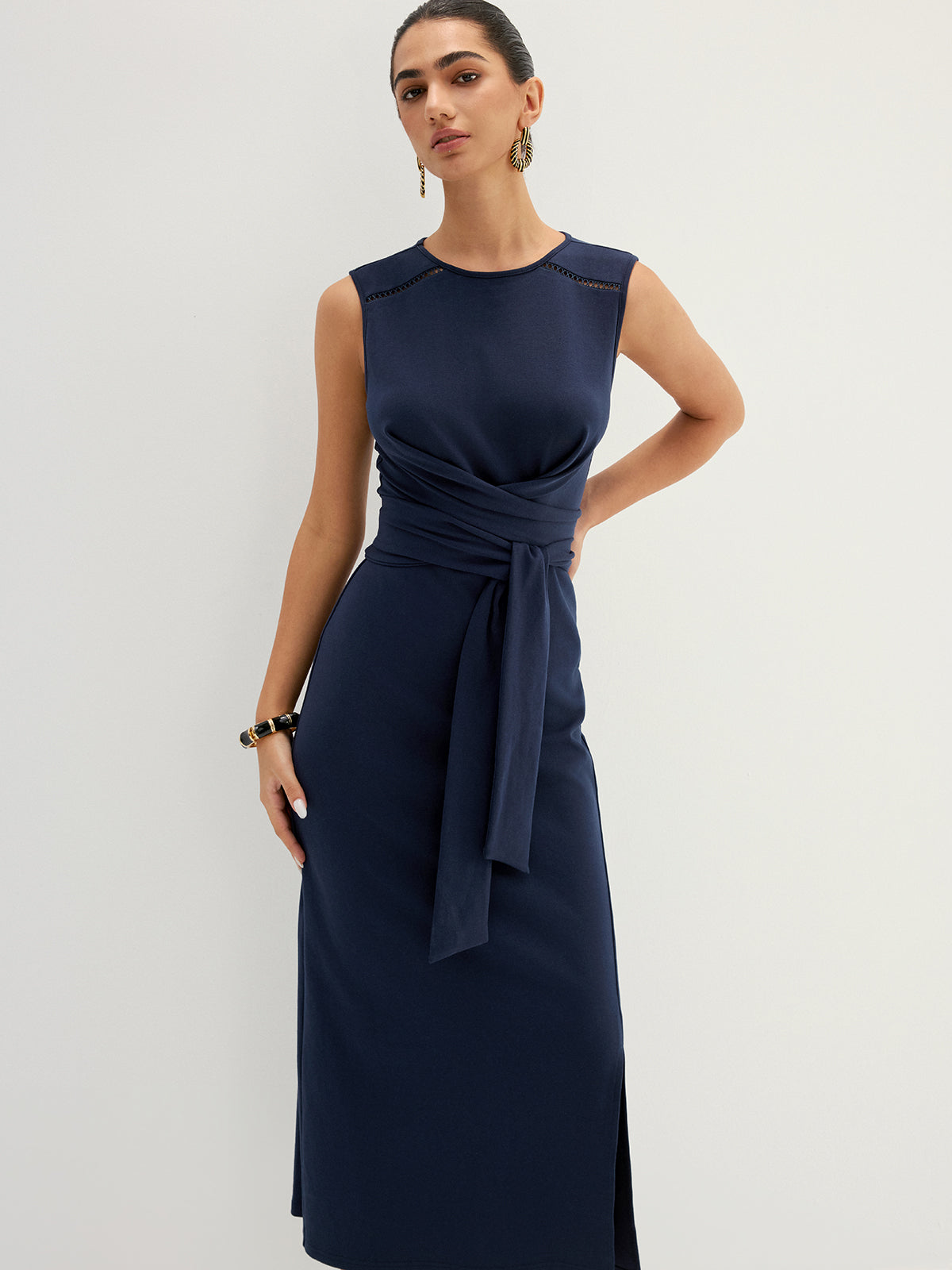 sleeveless tie waist midi dress Blue Mixed Print Sleeveless Tie Waist Midi Dress SSYS