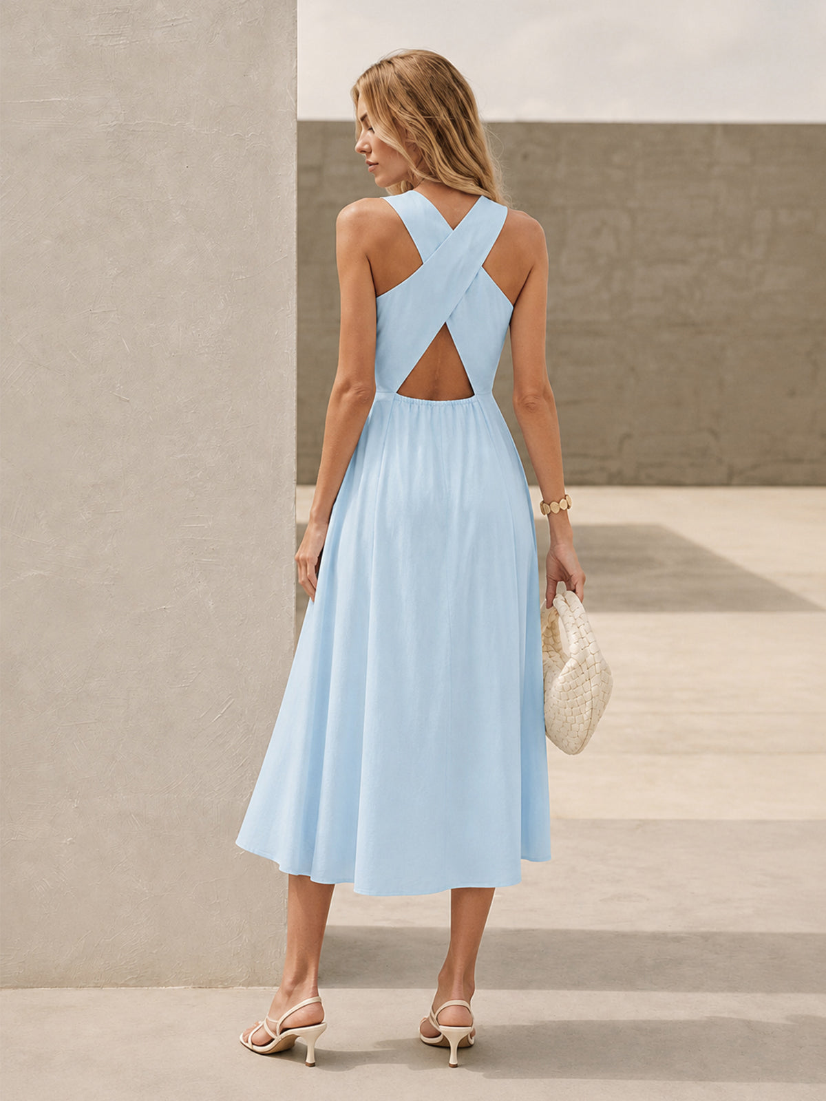 linen blend v neck dress Cross Back Maxi Finish:Barberry Blooming Jelly Womens Plus serene look. upload-20250210