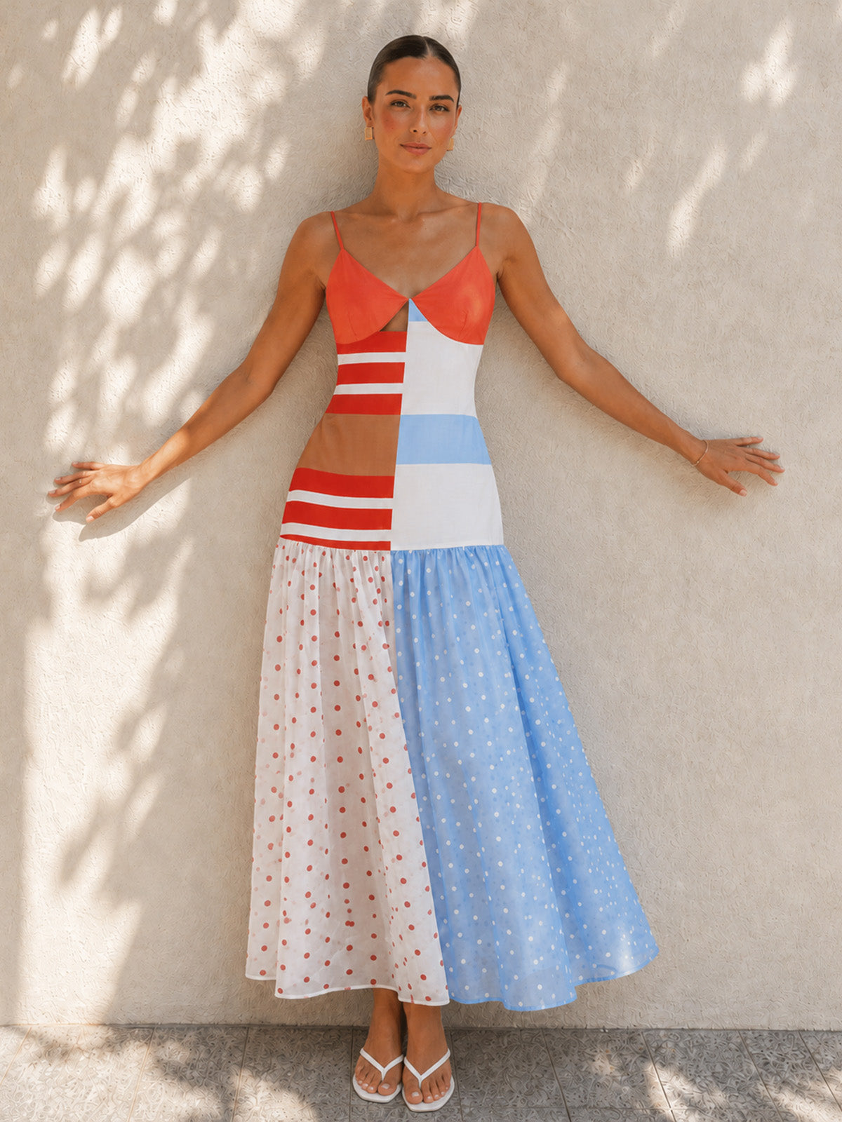Color Block Patchwork Polka Dot Slip Dress