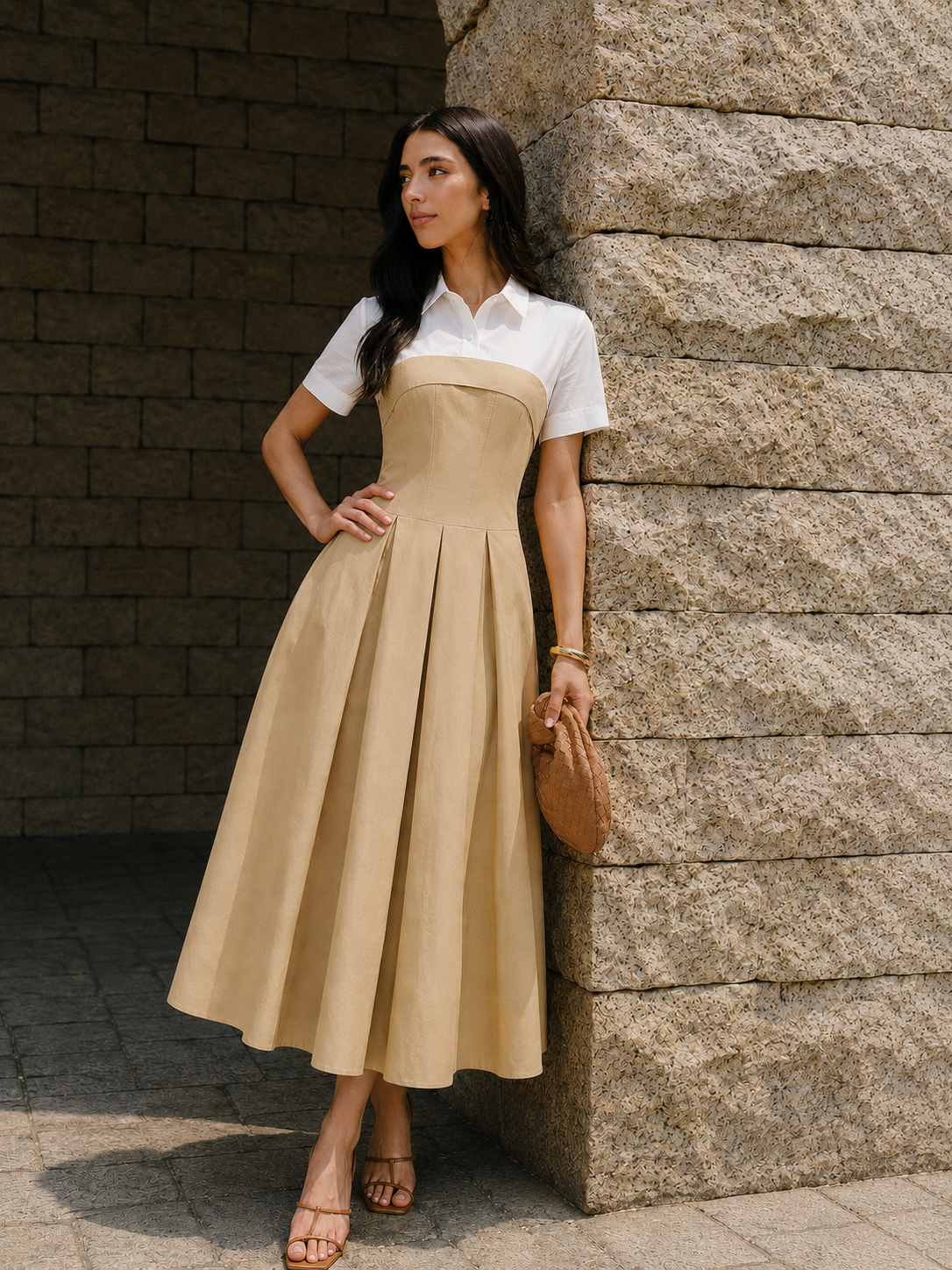 collar pleated dress Fake two piece shirt maxi - Mustard Another gorgeous bride looking line silhouette makes it Raisa Mini color:Charcoal Black Wood Grain Print