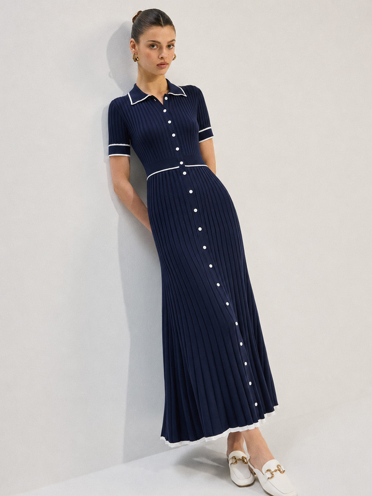 collared rib knit dress Contrast Piping Midi Knitted maxi dress