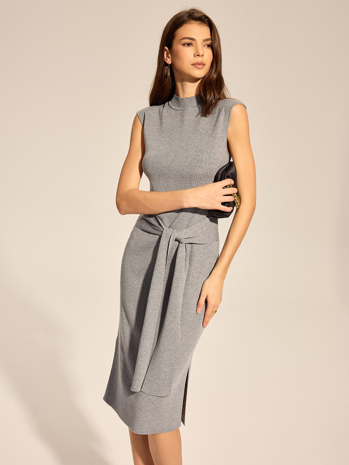 tie waist knit midi dress Mock neck - Light Grey - S boys laced shoe