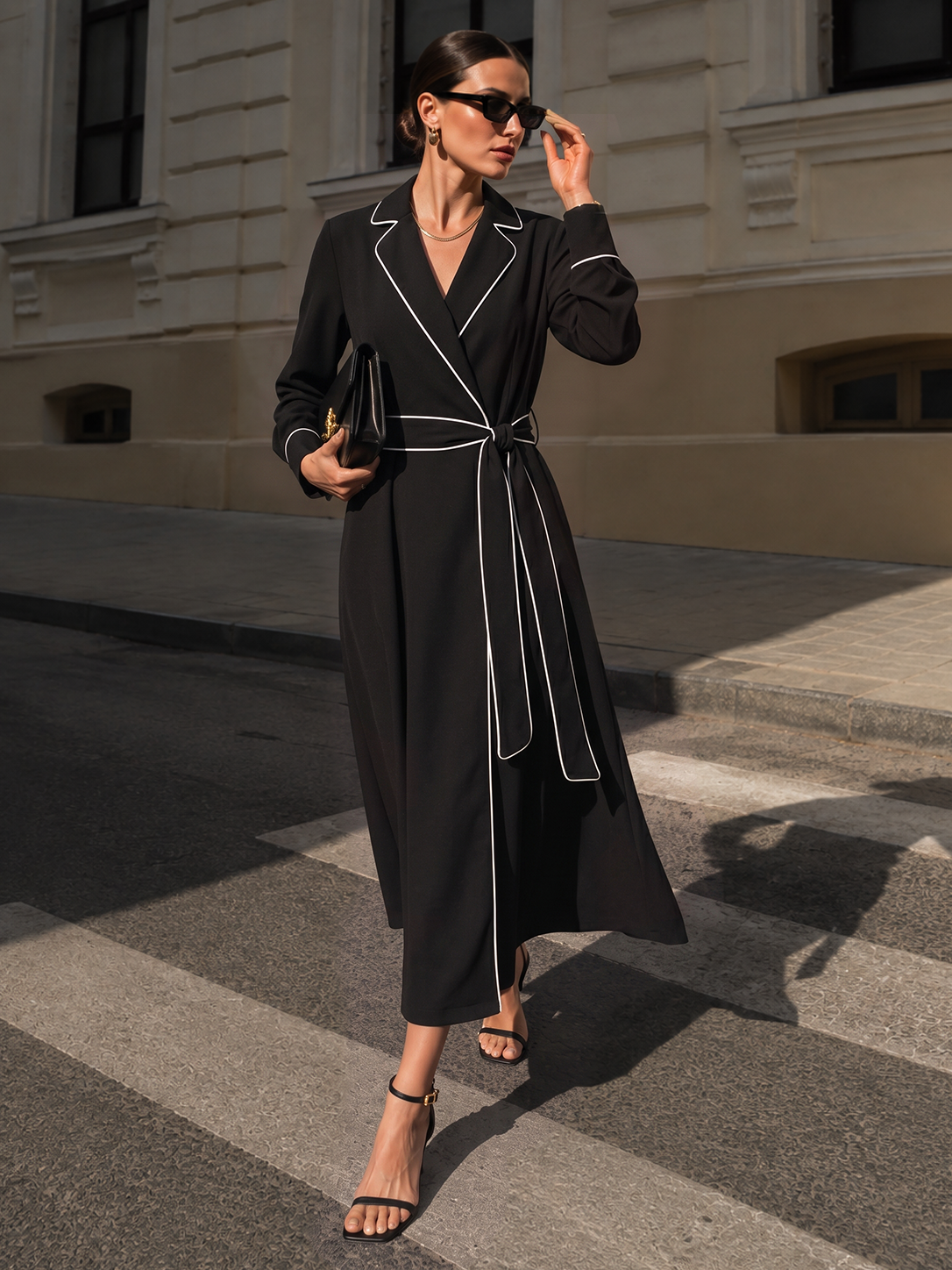 black and white piping dress Belted Contrast Lapel Wrap Midi New Release 22nd April 2026 W Sleeve Style Black Wedding Dress with Color:Black to Red